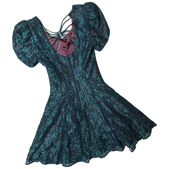 Vtg 1980s D.B.Y. Forest Green Lace Puff Sleeve Strap Back Lolita Mini Dress 2 3 - Picture 2 of 6